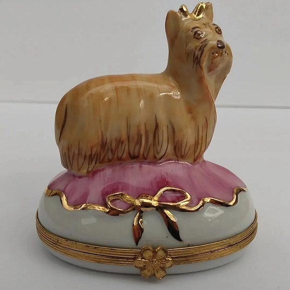 Vintage Limoges YORKIE hand painted trinket box Yorkshire Terrier pink France - Picture 2 of 11